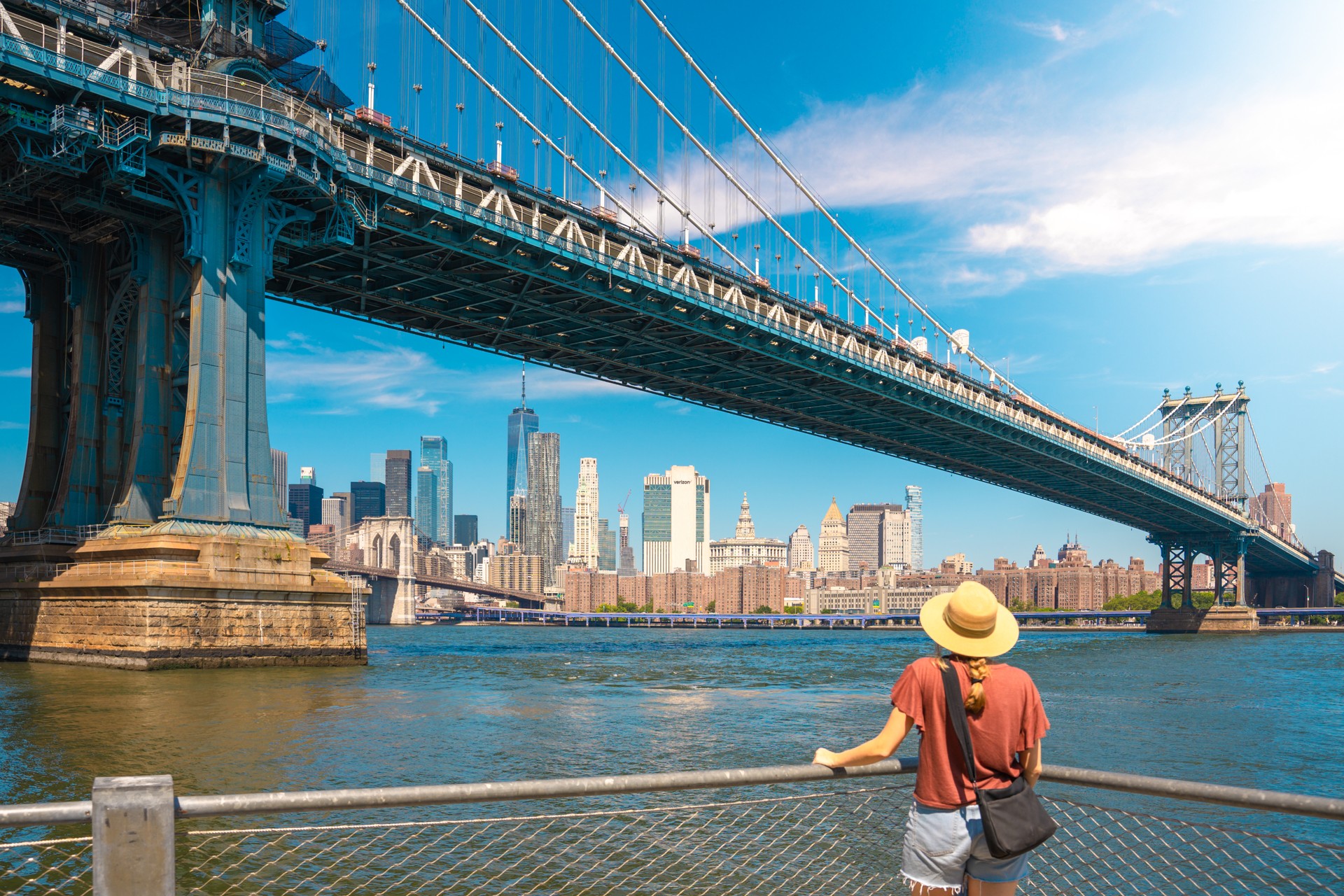 Young woman enjoying view of city skyline in New York.